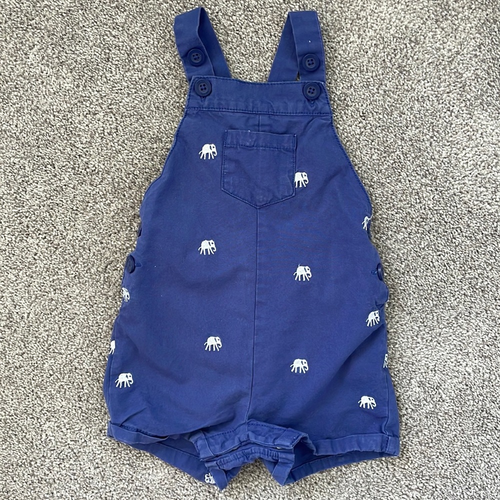 Baby Boden 6-12mo blue, white, and elephant embroidered overalls.